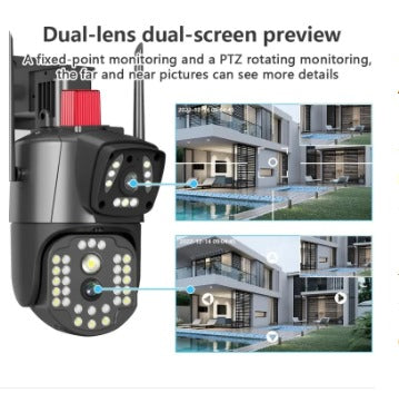 Dual-lens security camera with dual-screen preview for home monitoring, featuring PTZ rotation and night vision