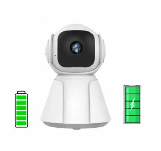Wireless CCTV camera with battery icons, HD video, motion detection, easy setup