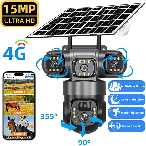 15 MPV380 Pro Solar Triple Lens PTZ CCTV Camera – Wireless Outdoor Security Camera