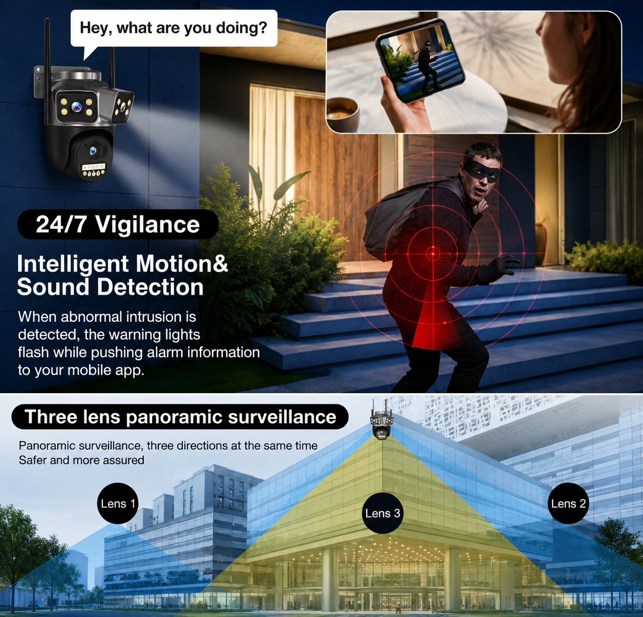 25 Ultra HD 12MP (4+4+4) 4K Smart IP Camera Triple Lens 10x Zoom & 2 Lens 4 MP 360° PTZ Outdoor Wireless CCTV Waterproof Night Vision & Motion Detection Two-Way Audio Communication Security for Shops, Homes & Warehouses (Copy)