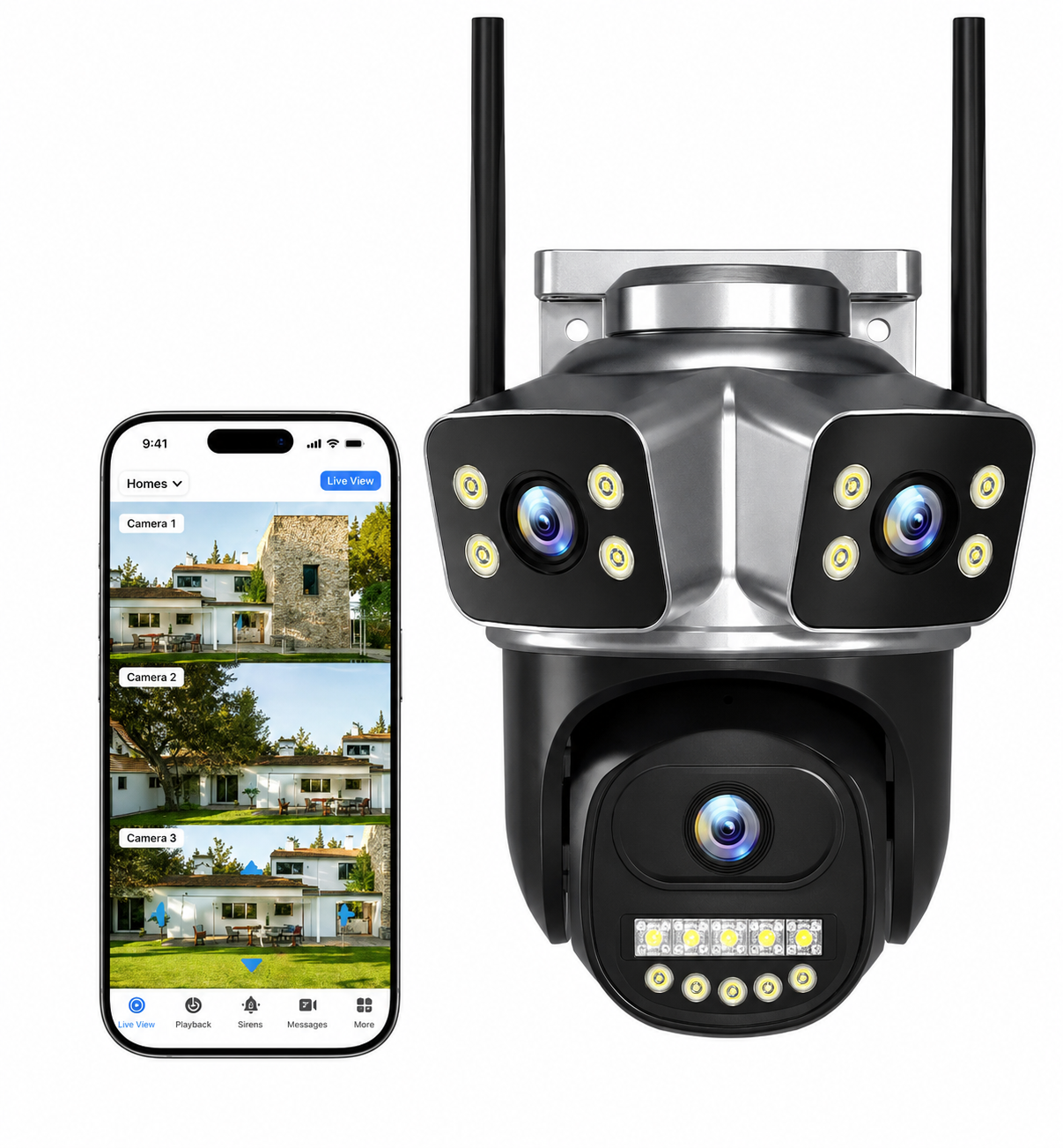 25 Ultra HD 12MP (4+4+4) 4K Smart IP Camera Triple Lens 10x Zoom & 2 Lens 4 MP 360° PTZ Outdoor Wireless CCTV Waterproof Night Vision & Motion Detection Two-Way Audio Communication Security for Shops, Homes & Warehouses (Copy)