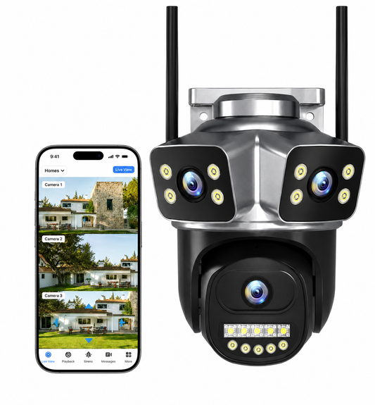 25 Ultra HD 12MP (4+4+4) 4K Smart IP Camera Triple Lens 10x Zoom & 2 Lens 4 MP 360° PTZ Outdoor Wireless CCTV Waterproof Night Vision & Motion Detection Two-Way Audio Communication Security for Shops, Homes & Warehouses (Copy)