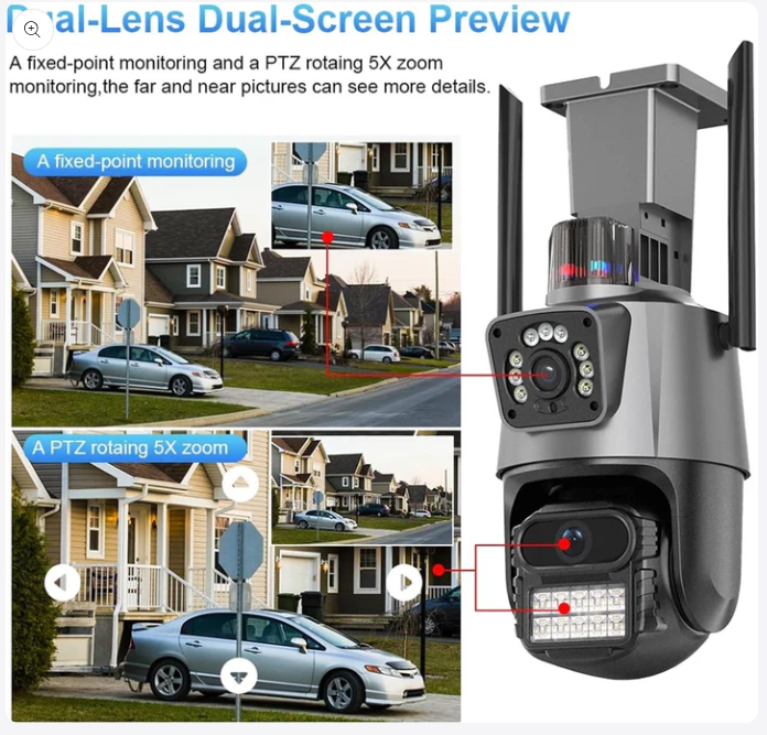 8MP 4K Dual Lens Outdoor PTZ IP Camera – Waterproof Home Security CCTV with Dual Screen & Police Light Alarm System